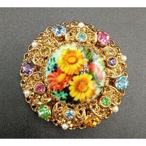 Rhinestone Flower Brooch Pin Vintage Western Germany Brass Filigree Unmarked